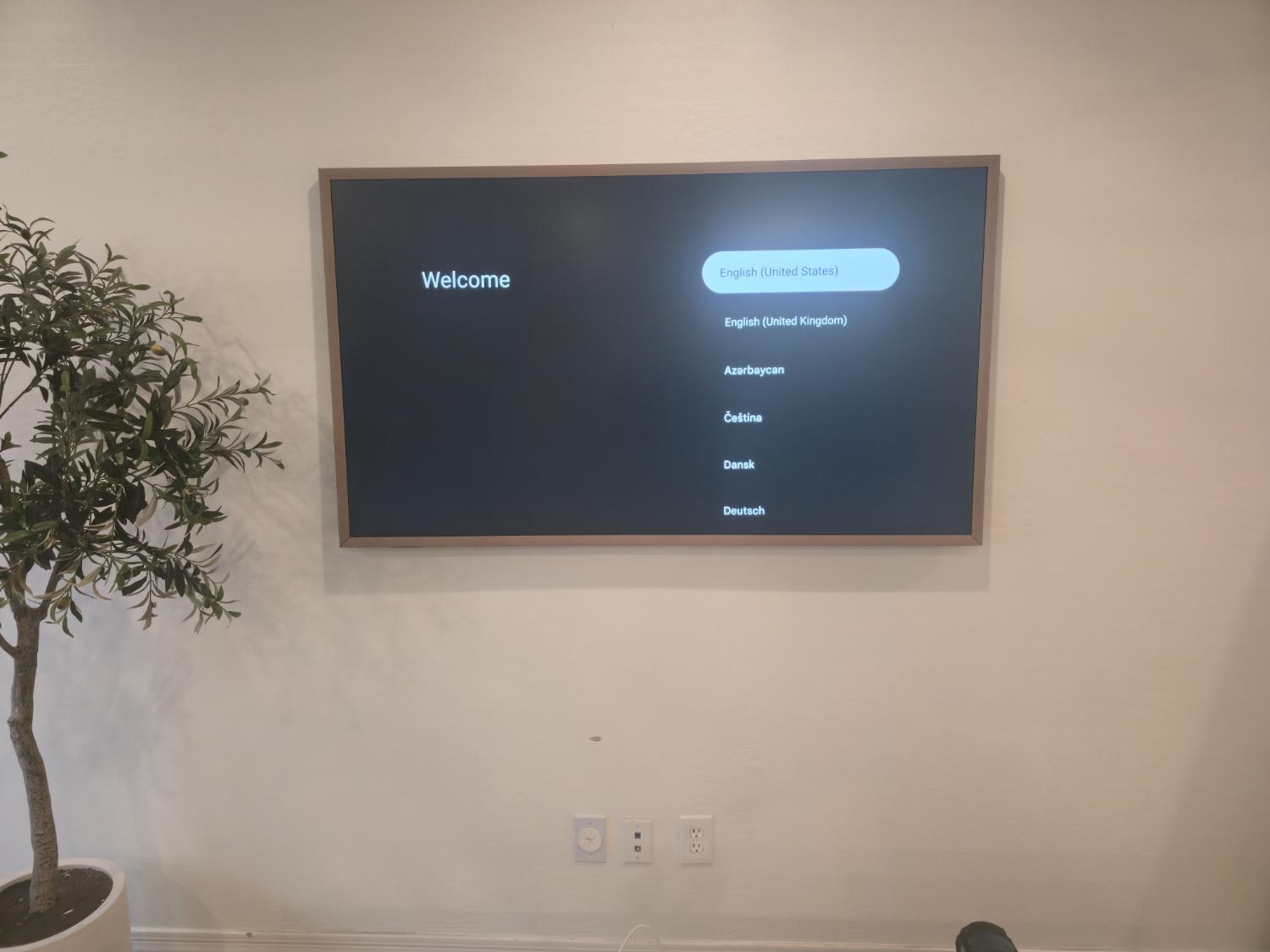 A framed television mounted on a light wall beside a potted tree